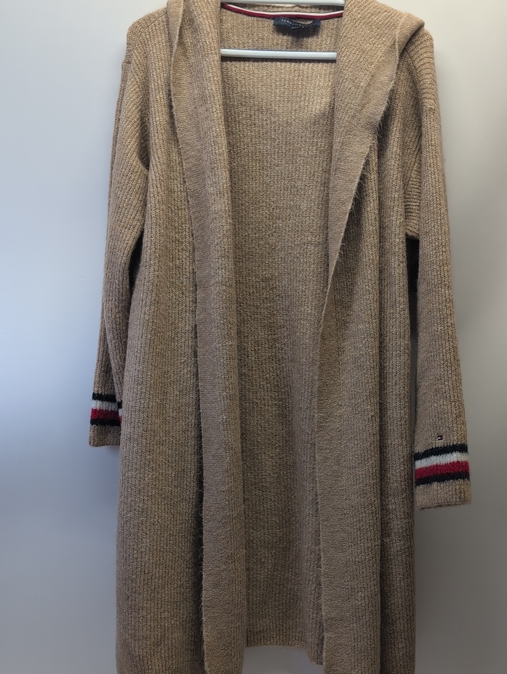 Tommy Hilfiger Beige Long Hooded Open-Front Cardigan with Stripe Cuffs And Hood